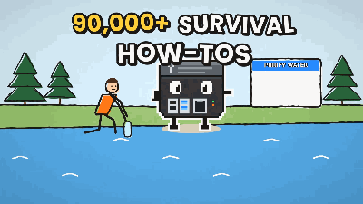 Cartoon: 90,000+ survival how-tos, shown with a man purifying water