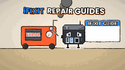 Cartoon: iFixit repair guides, with a smoking broken generator