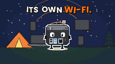Cartoon: the Prepper Disk broadcasting its own Wi-Fi at a night campsite