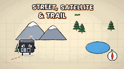 Cartoon: street, satellite and trail maps that work offline