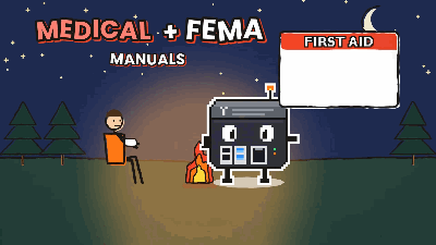 Cartoon: medical and FEMA manuals by a campfire at night