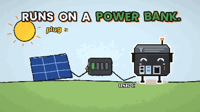 Cartoon: a solar panel charging a power bank that runs the Prepper Disk