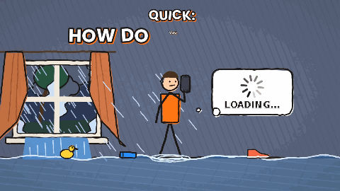 Cartoon: a man in a flooding room waits on a loading spinner as the storm cuts his connection