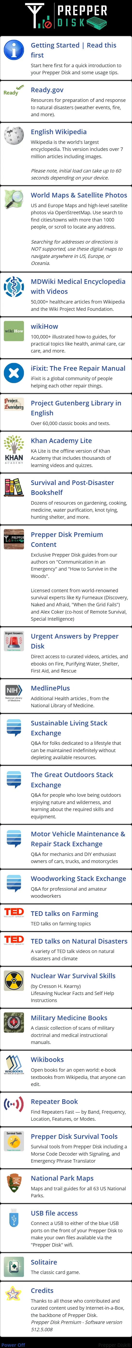 The Prepper Disk home screen: Wikipedia, maps, medical encyclopedias, wikiHow, iFixit, survival books and more